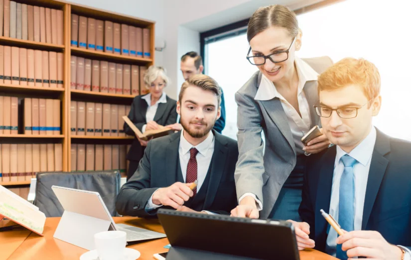 Advogados reunidos em um escritório jurídico analisam através de um notebook os benefícios para antecipação de créditos judiciais com a JusCash.