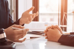 Reunião entre cliente e advogado discutindo antecipação de valores com empresas que compram créditos judiciais, representando segurança e planejamento financeiro.