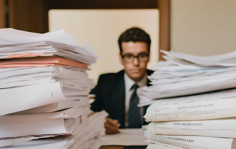 Advogado com pilha de contratos para organizar