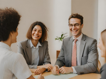 Advogados atendendo clientes felizes por um atendimento humanizado