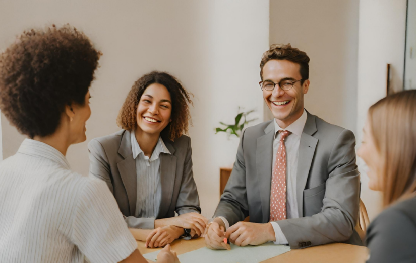 Advogados atendendo clientes felizes por um atendimento humanizado