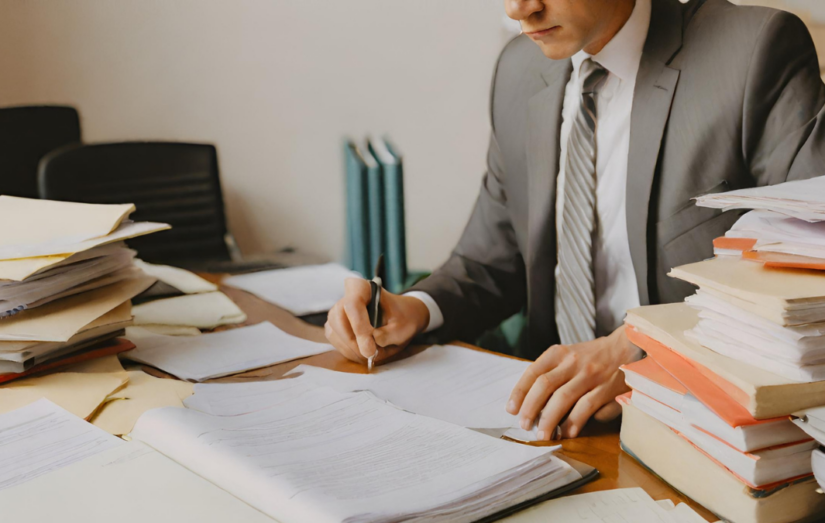 advogado sobrecarregado de trabalho com a mesa cheia de processos