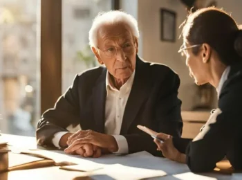 Advogada no escritório com o seu cliente explicando para ele o que é um benefício previdenciário e quais os tipos